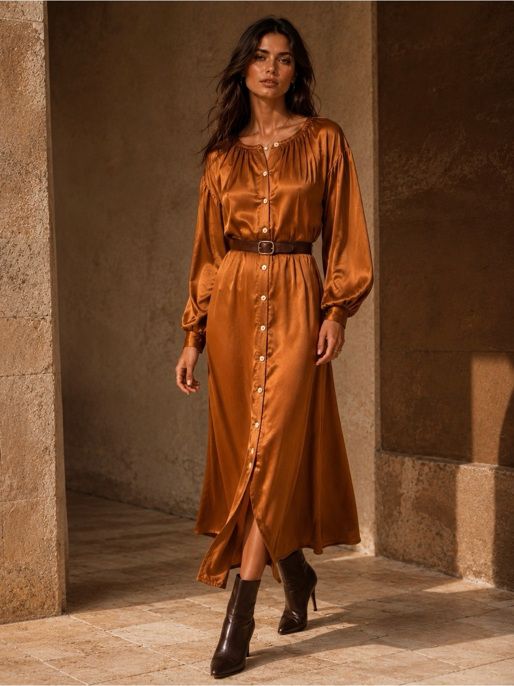 SANCIA NWT Satin Button Front Midi Dress in Caramel, Size S